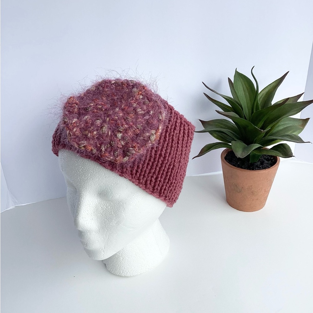 Headband Earwarmer Hand Crafted Hat Ponytail Floral Rose Bling Fuzzy - Picture 5 of 14